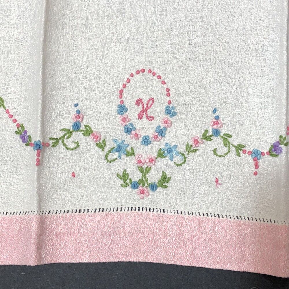 Vintage Tea Towel Set Monogram H K X Embroidered Tiny Flowers Pink Blue - Picture 6 of 16